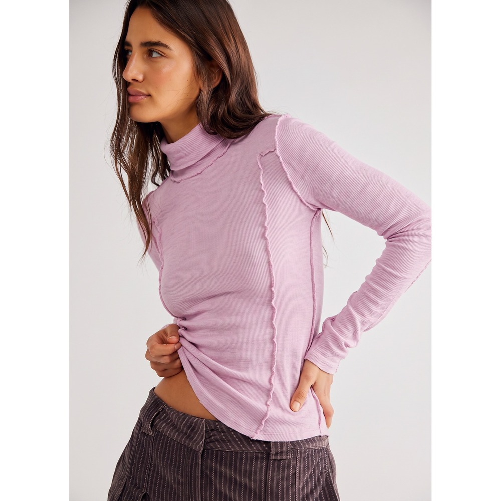 We The Free Free People Pink Cotton Slub Exposed Seam Turtleneck Top Small